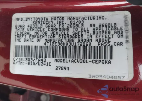 2003 Toyota Camry Xle from USA, damaged, VIN 4T1BE30K03U172860